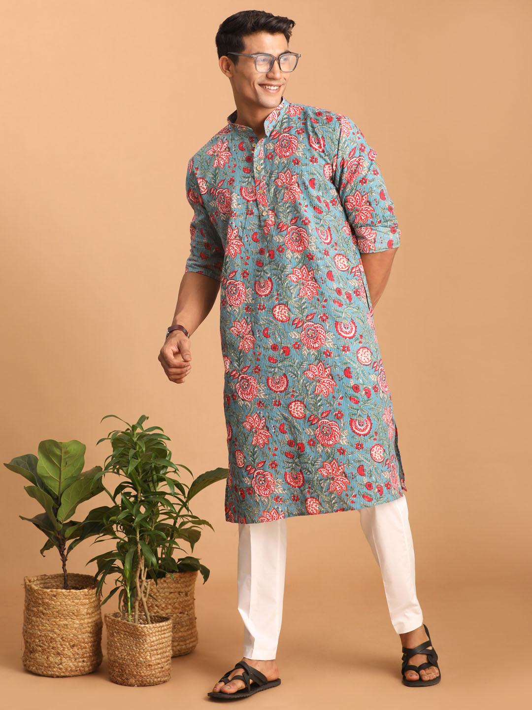 Sarvati Men's Blue And Red Floral Printed Cotton Kurta with White Pant Set