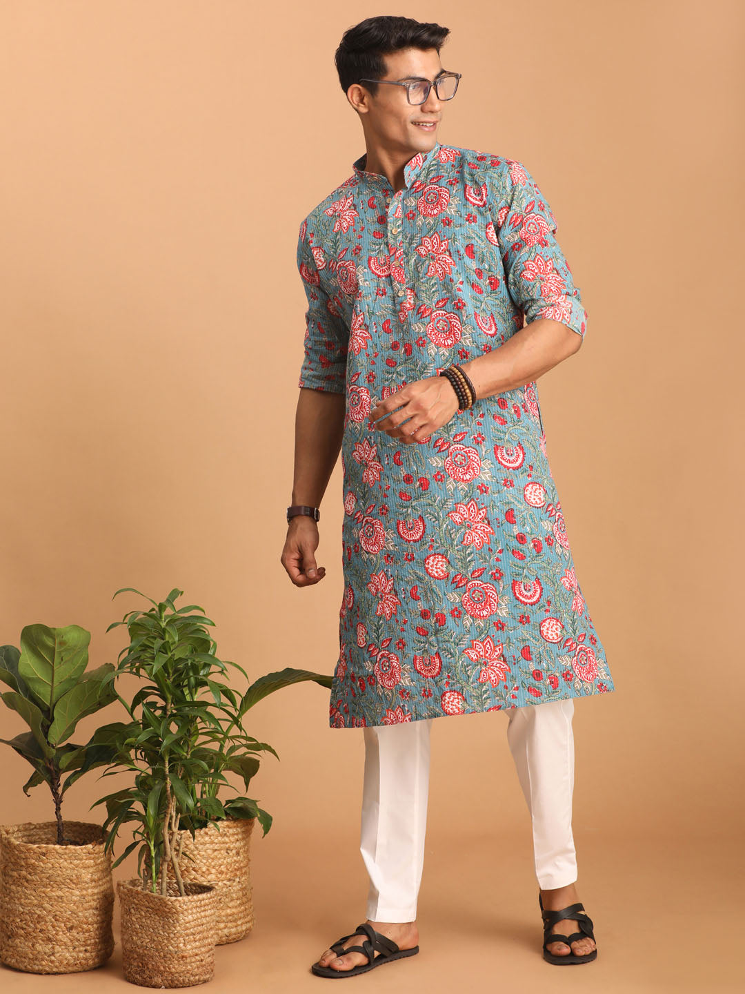 Sarvati Men's Blue And Red Floral Printed Cotton Kurta with White Pant Set