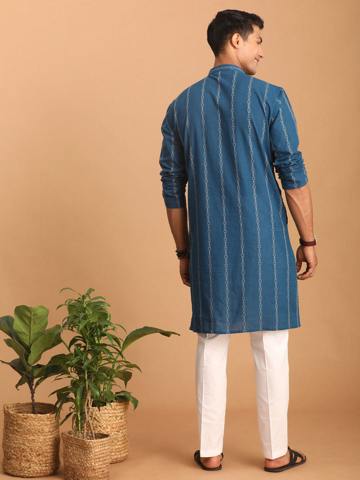 Sarvati Men's Blue denim Jacquard Kurta With White Pant Set