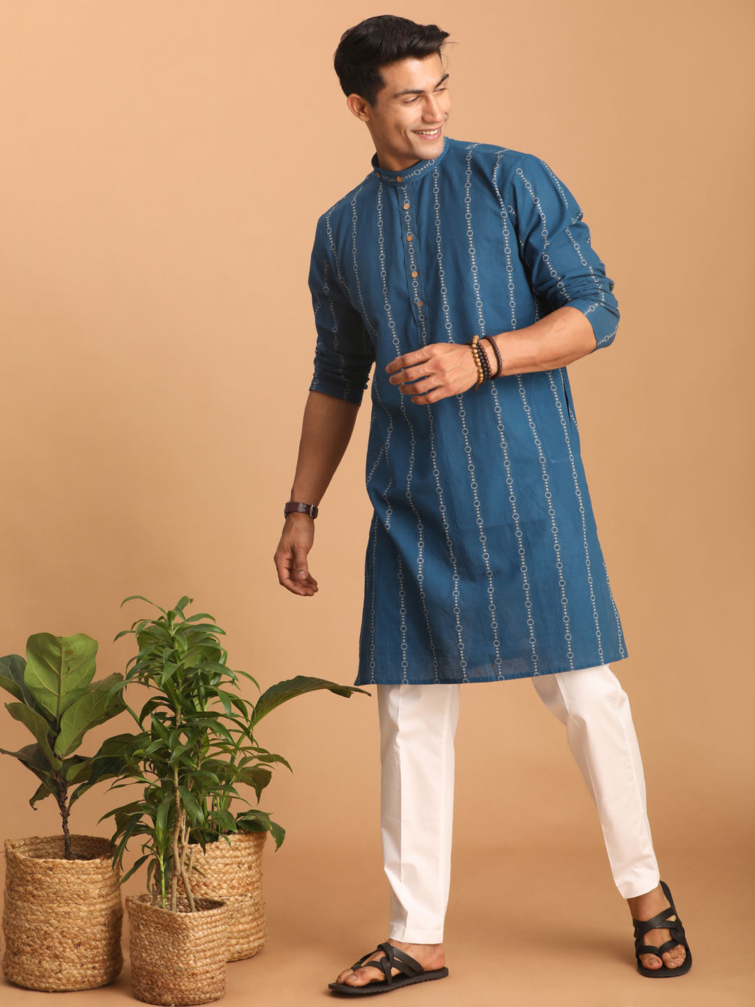 Sarvati Men's Blue denim Jacquard Kurta With White Pant Set