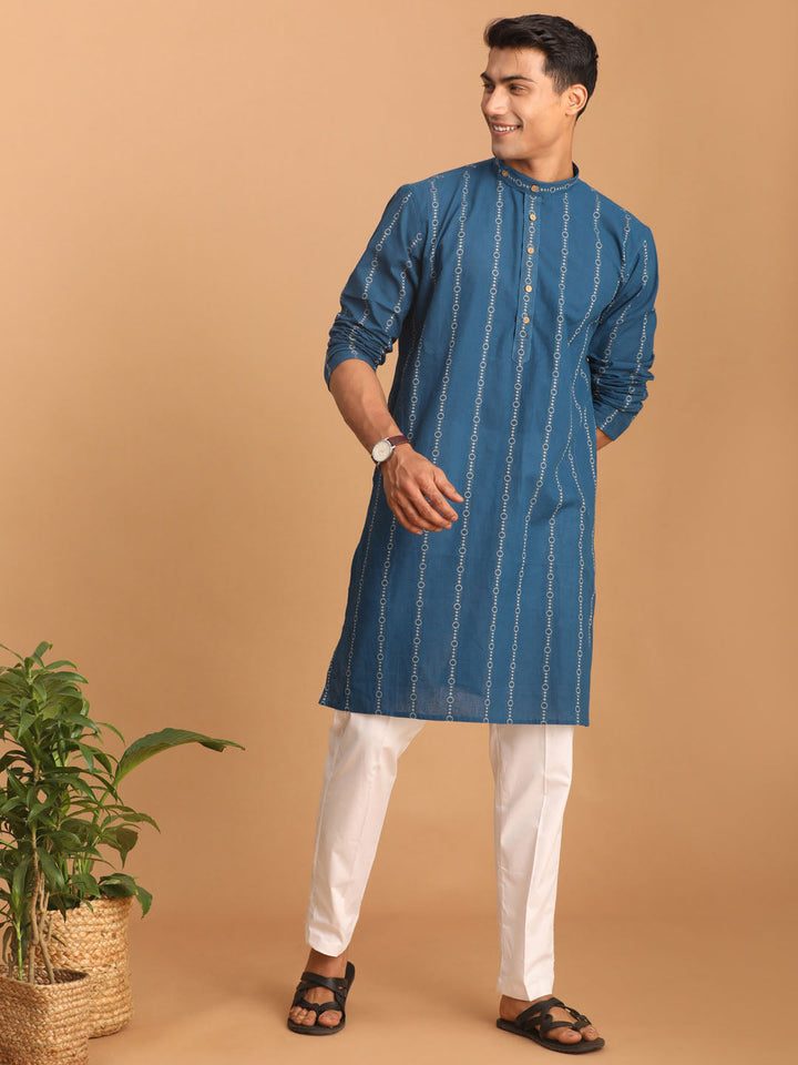 Sarvati Men's Blue denim Jacquard Kurta With White Pant Set