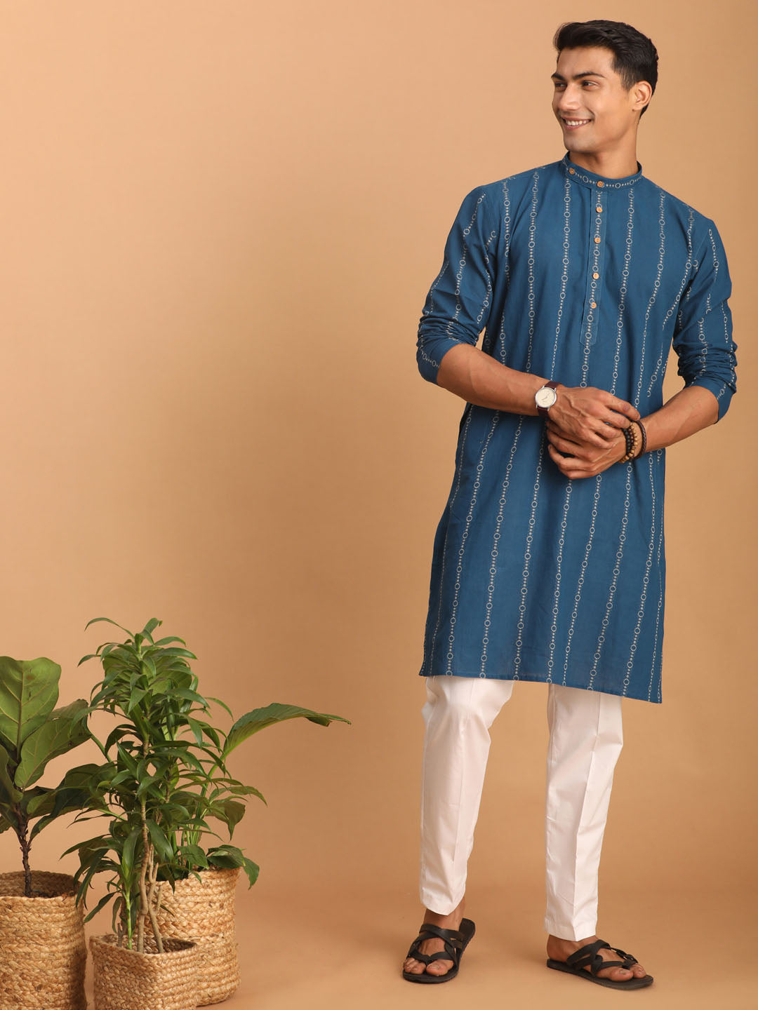 Sarvati Men's Blue denim Jacquard Kurta With White Pant Set