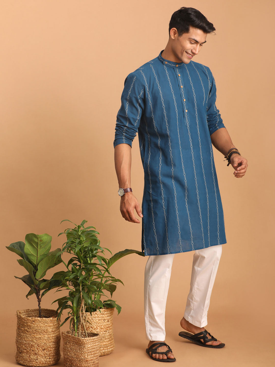 Sarvati Men's Blue denim Jacquard Kurta With White Pant Set