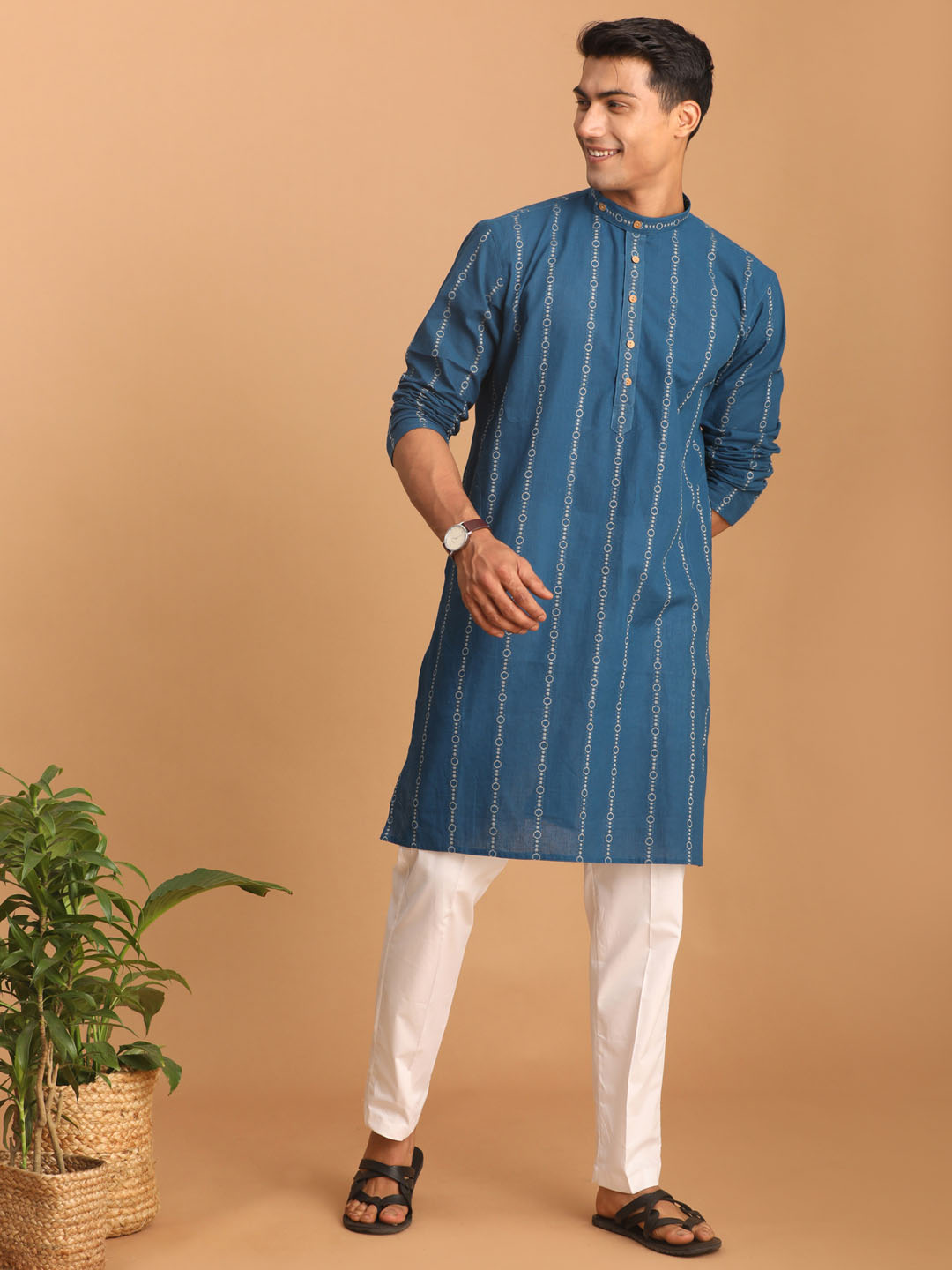 Sarvati Men's Blue denim Jacquard Kurta With White Pant Set