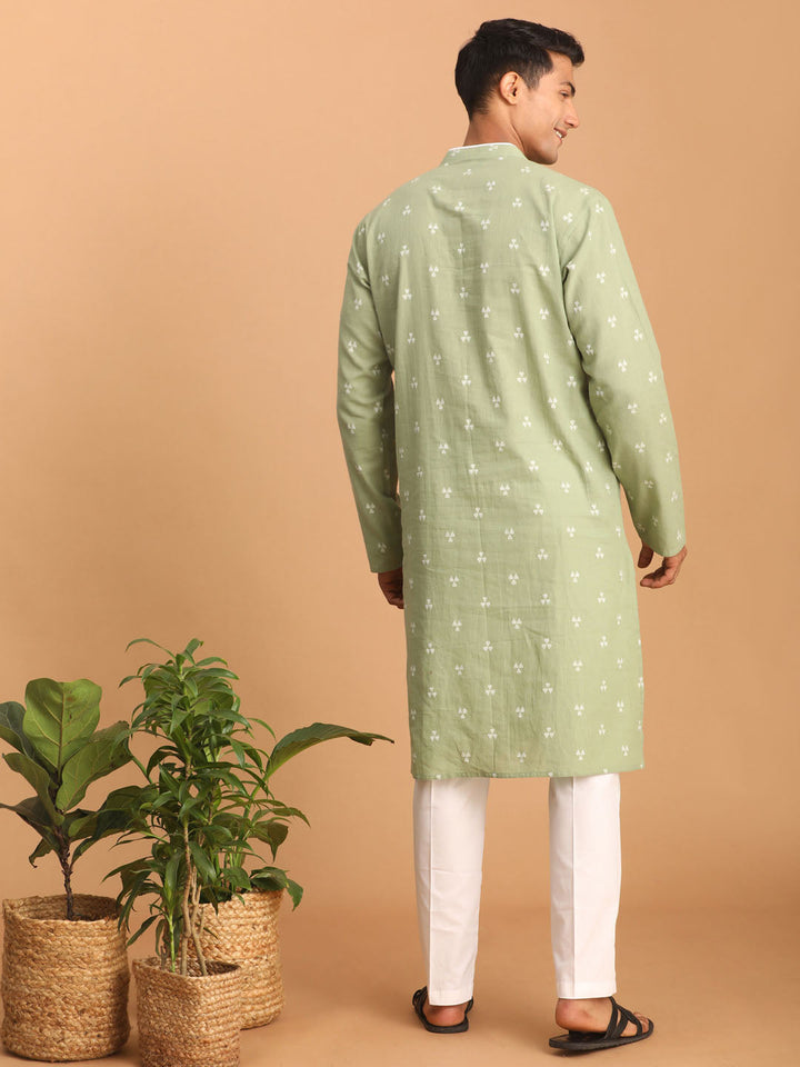 Sarvati Men's Green Geometric Booti Jacquard Kurta with White Pant Set