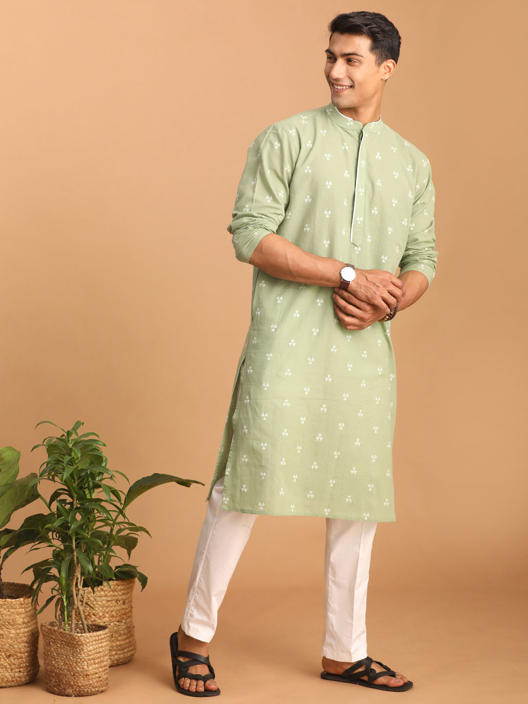 Sarvati Men's Green Geometric Booti Jacquard Kurta with White Pant Set