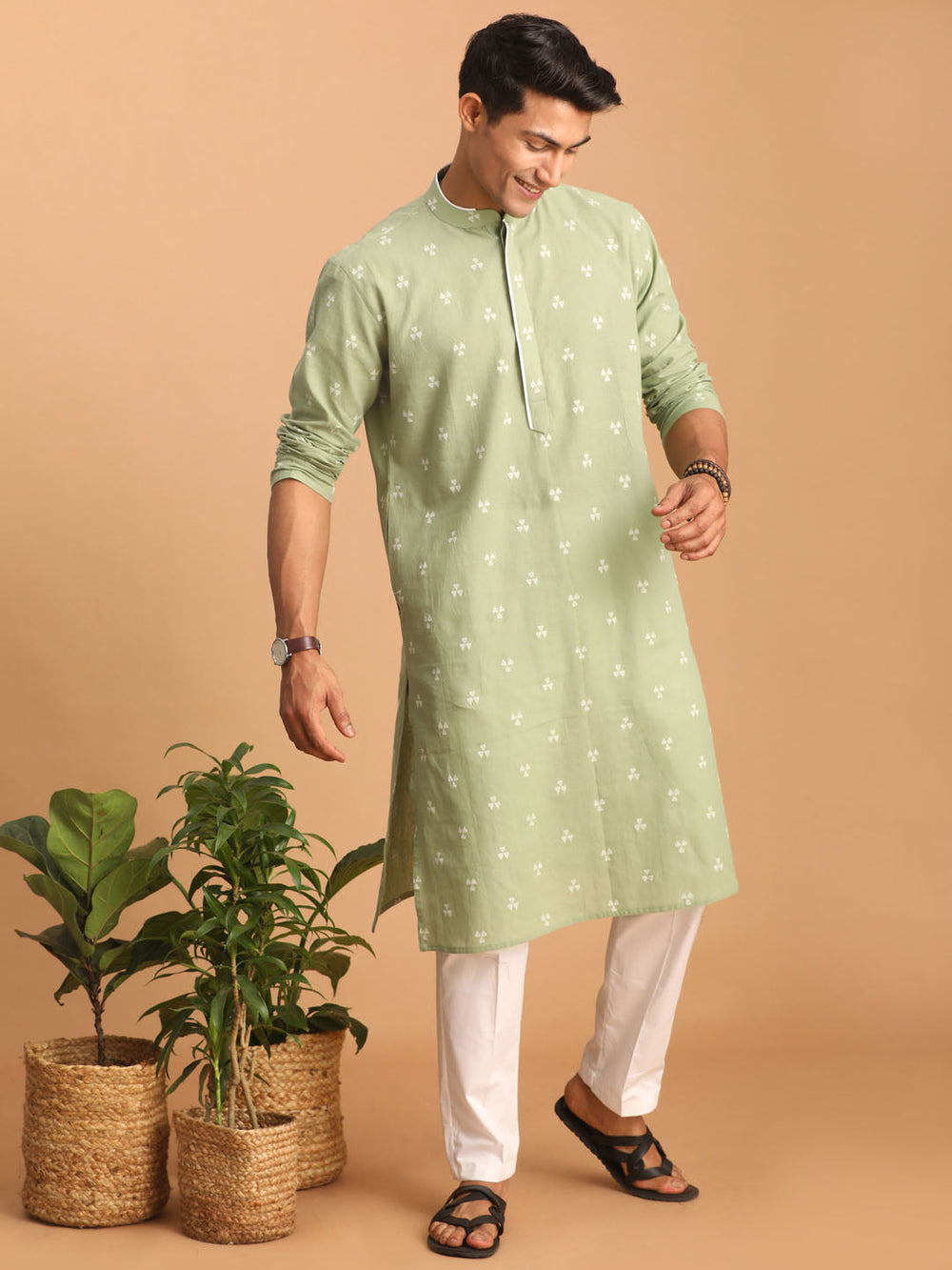 Sarvati Men's Green Geometric Booti Jacquard Kurta with White Pant Set