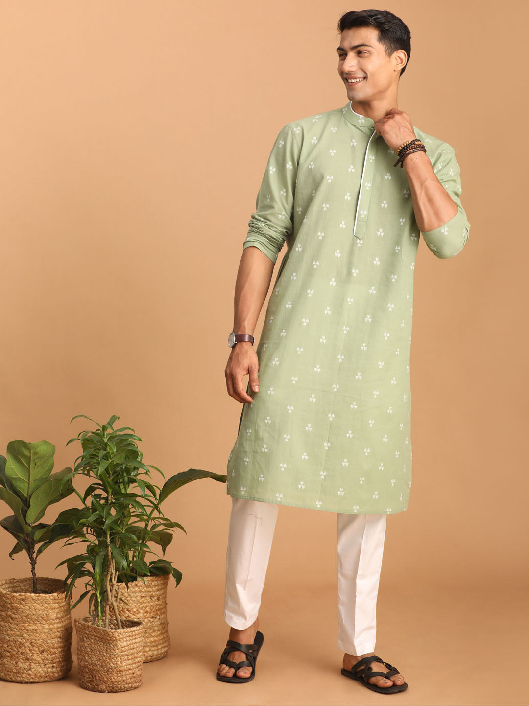 Sarvati Men's Green Geometric Booti Jacquard Kurta with White Pant Set