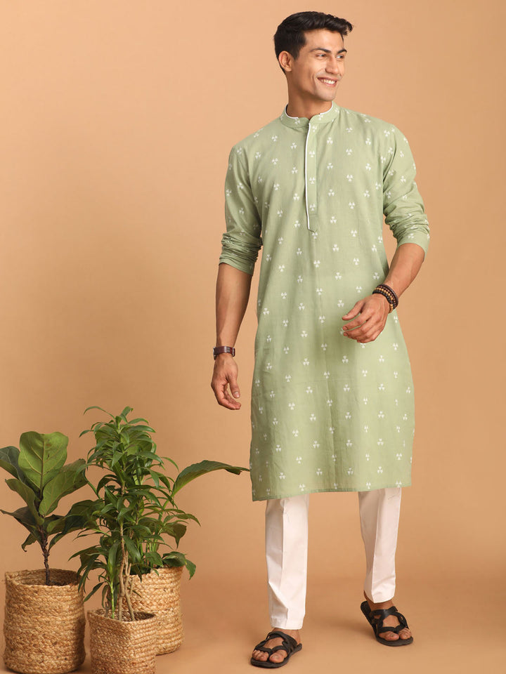 Sarvati Men's Green Geometric Booti Jacquard Kurta with White Pant Set