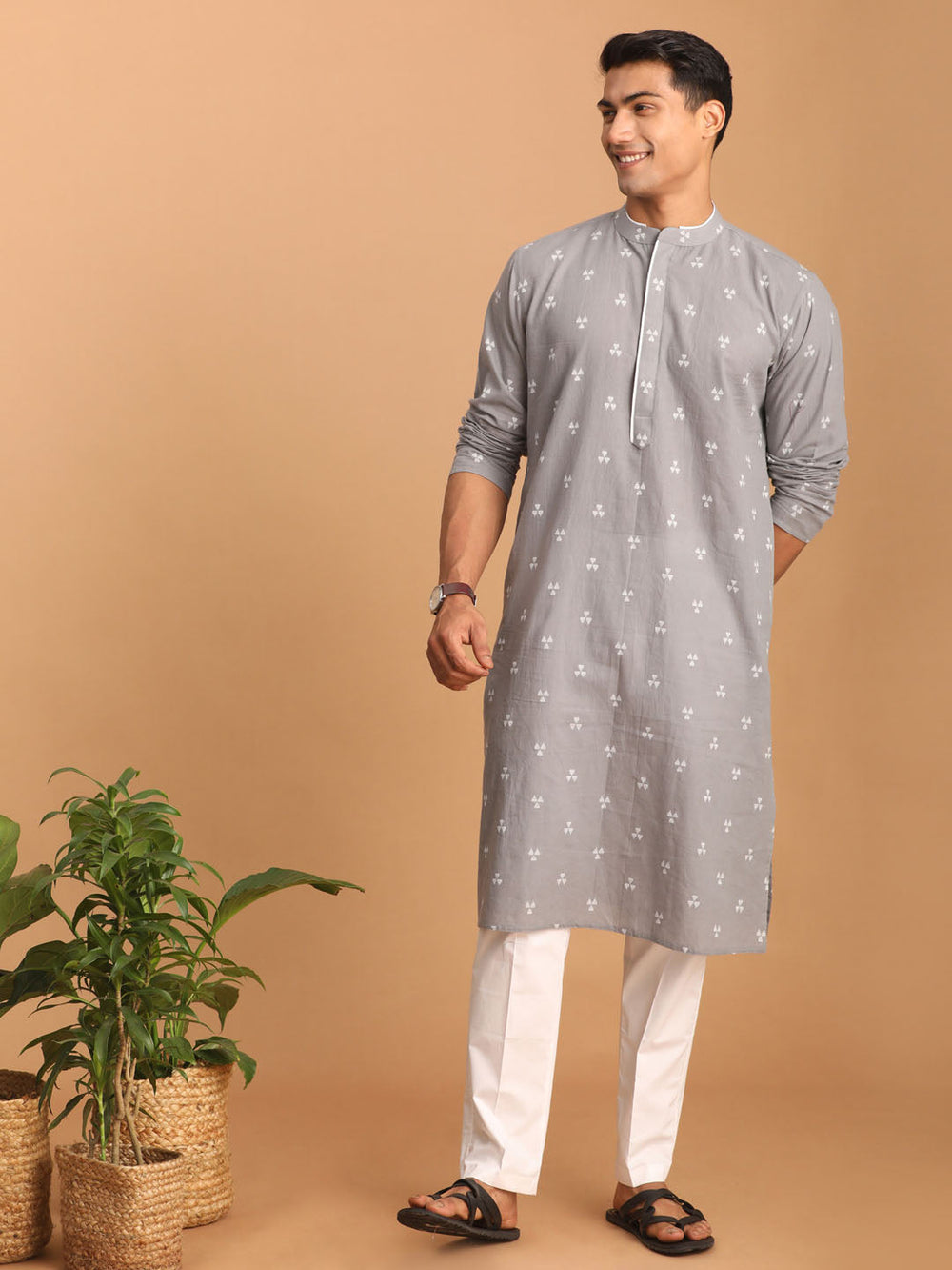 Sarvati Men's Grey Geometric Booti Jacquard Kurta with White Pant Set