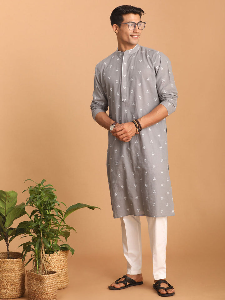 Sarvati Men's Grey Geometric Booti Jacquard Kurta with White Pant Set