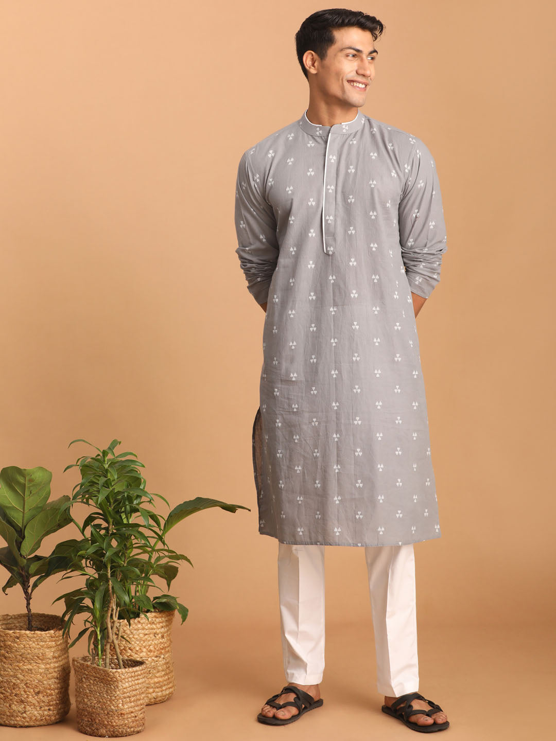 Sarvati Men's Grey Geometric Booti Jacquard Kurta with White Pant Set