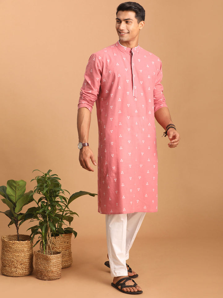 Sarvati Men's Pink Geometric Booti Jacquard Kurta with White Pant Set