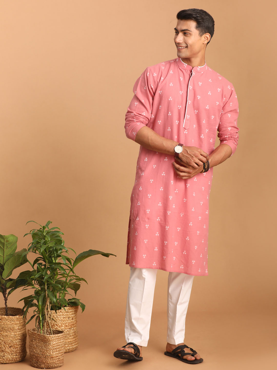 Sarvati Men's Pink Geometric Booti Jacquard Kurta with White Pant Set