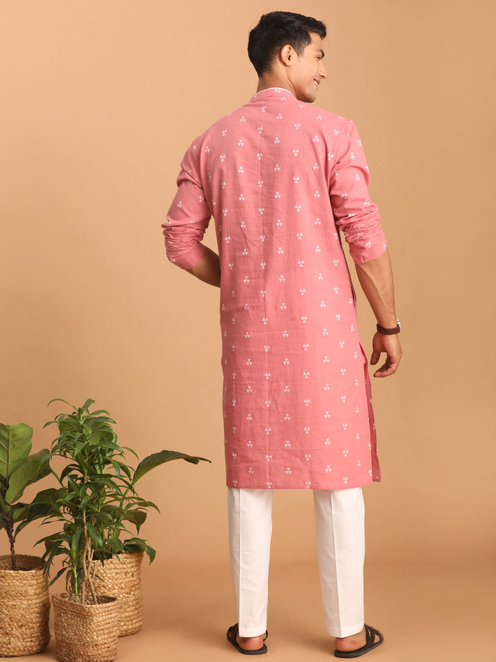 Sarvati Men's Pink Geometric Booti Jacquard Kurta with White Pant Set