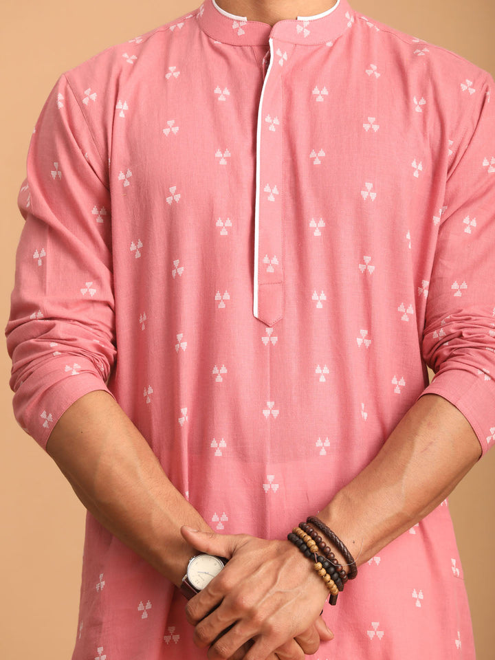 Sarvati Men's Pink Geometric Booti Jacquard Kurta with White Pant Set