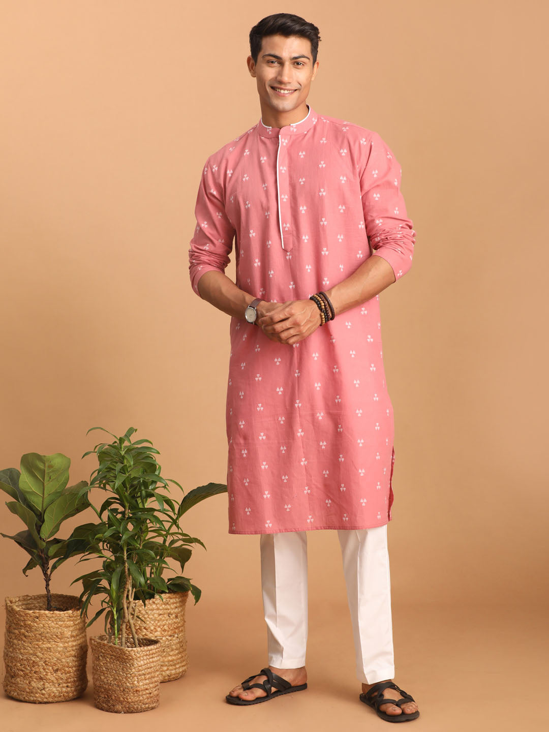 Sarvati Men's Pink Geometric Booti Jacquard Kurta with White Pant Set