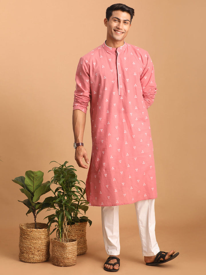 Sarvati Men's Pink Geometric Booti Jacquard Kurta with White Pant Set