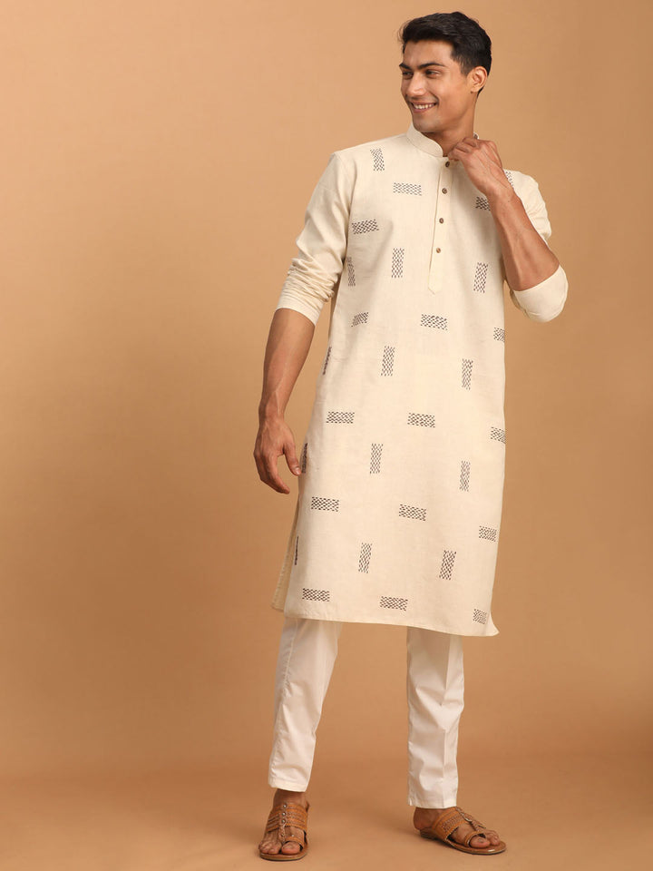 Sarvati Men's Cream Katha Stich Embroidered cotton Kurta With Cream Pant Set