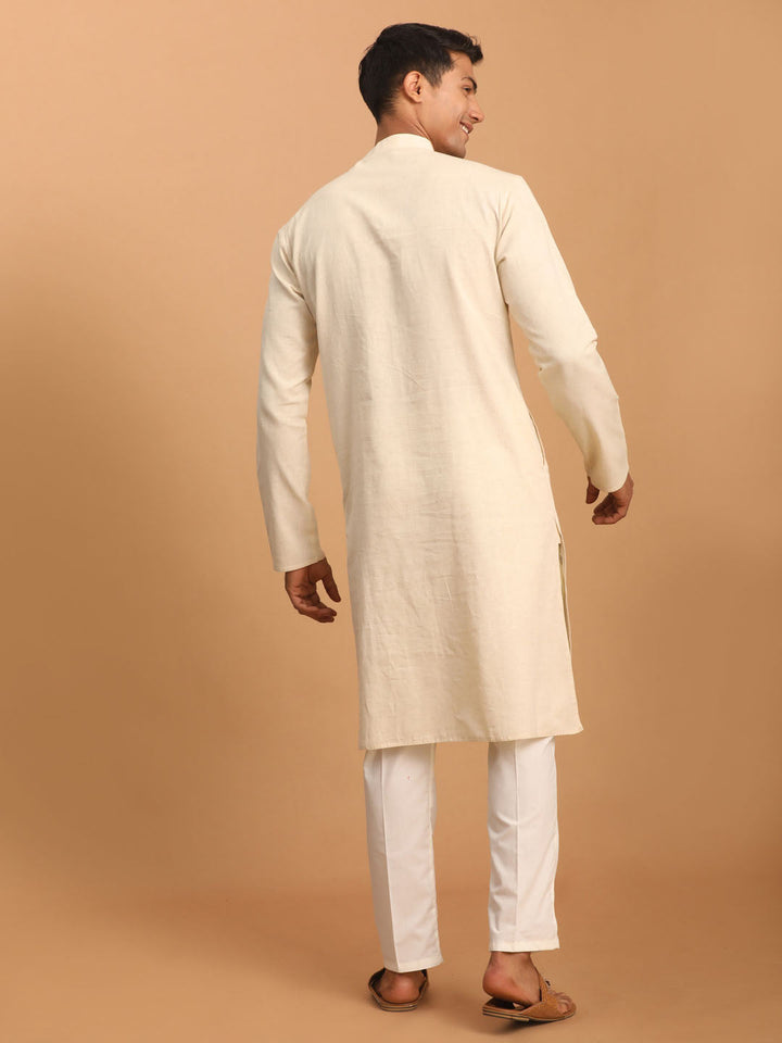 Sarvati Men's Cream Katha Stich Embroidered cotton Kurta With Cream Pant Set