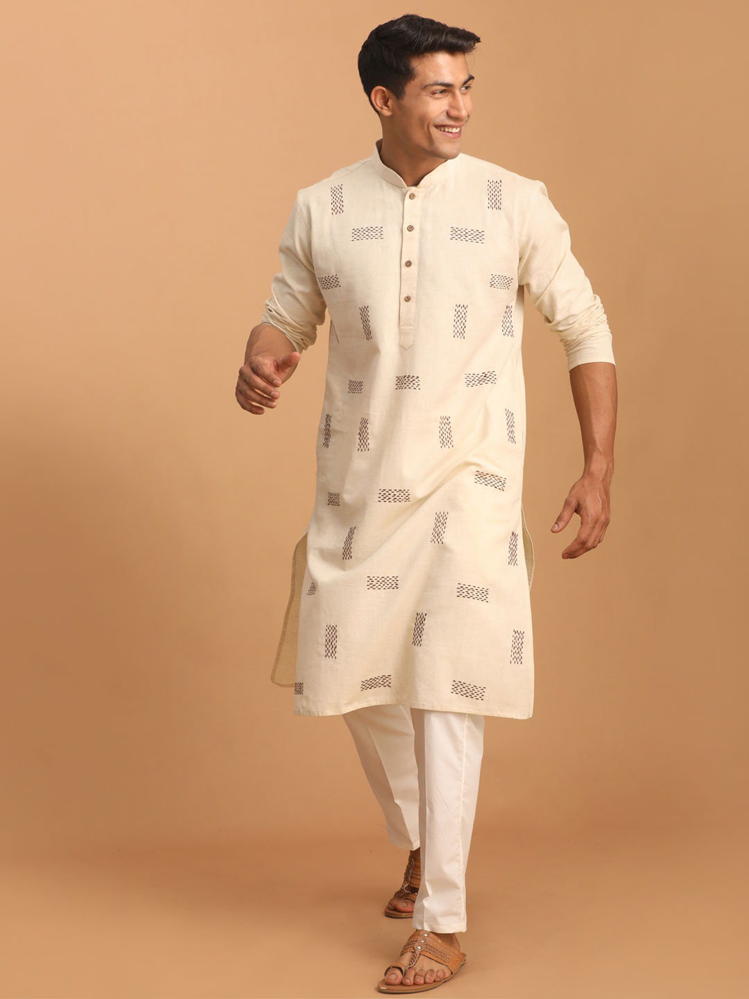 Sarvati Men's Cream Katha Stich Embroidered cotton Kurta With Cream Pant Set