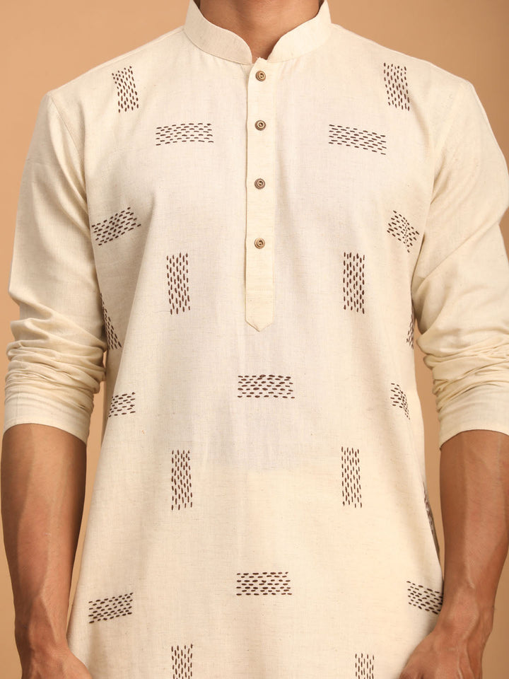 Sarvati Men's Cream Katha Stich Embroidered cotton Kurta With Cream Pant Set