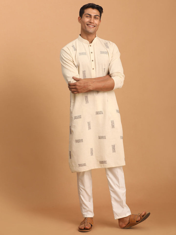 Sarvati Men's Cream Katha Stich Embroidered cotton Kurta With Cream Pant Set