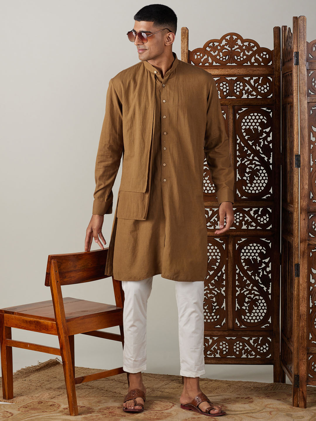 Sarvati Men's Coffee Cotton Cool Dyable Kurta with Cream Pant Set