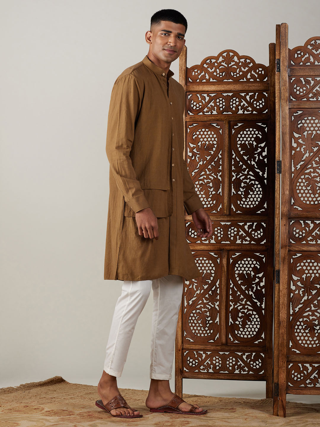 Sarvati Men's Coffee Cotton Cool Dyable Kurta with Cream Pant Set