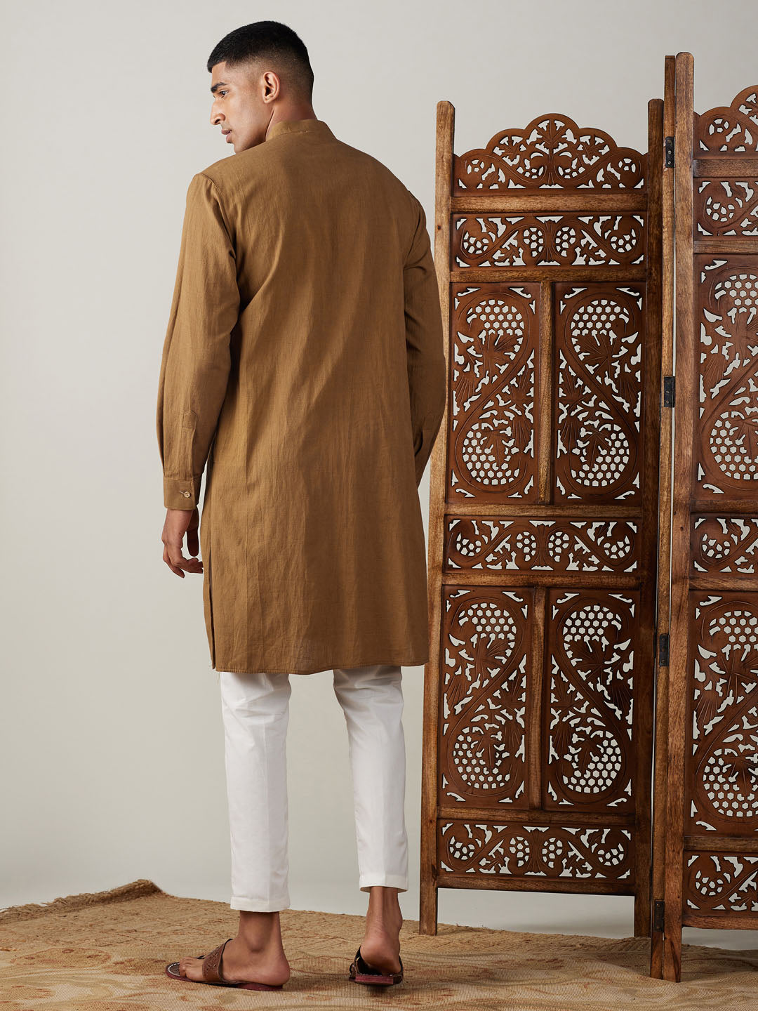 Sarvati Men's Coffee Cotton Cool Dyable Kurta with Cream Pant Set