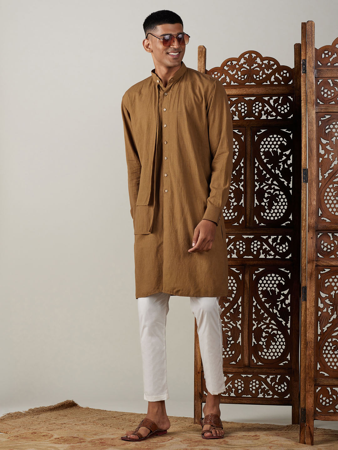 Sarvati Men's Coffee Cotton Cool Dyable Kurta with Cream Pant Set