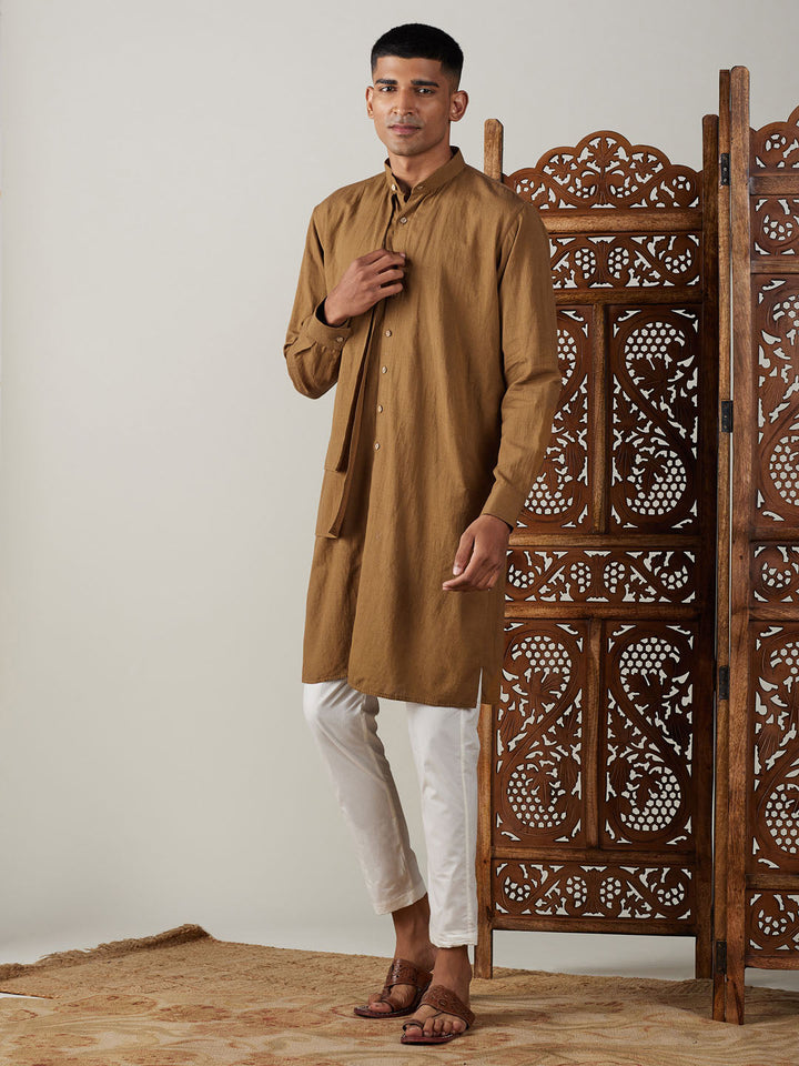 Sarvati Men's Coffee Cotton Cool Dyable Kurta with Cream Pant Set