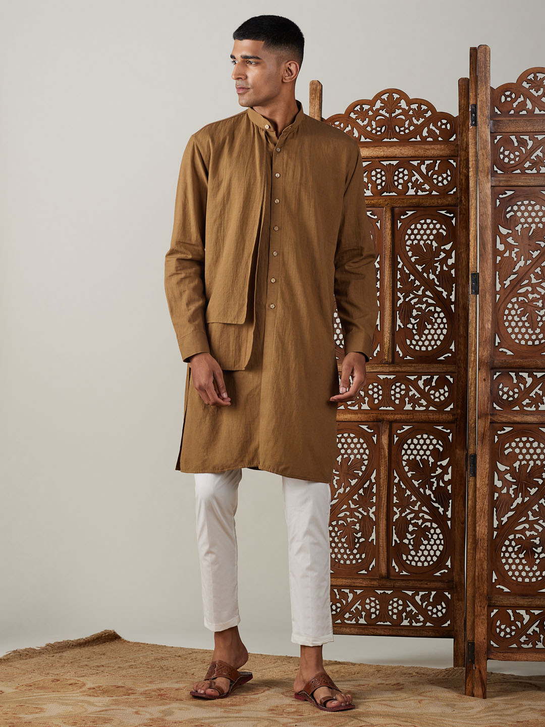 Sarvati Men's Coffee Cotton Cool Dyable Kurta with Cream Pant Set