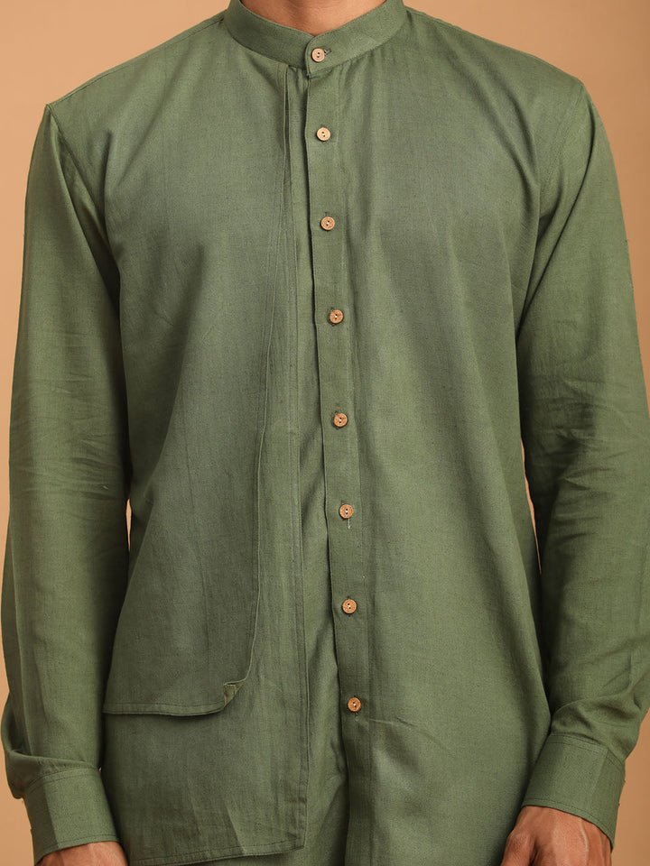 Sarvati Men's Green Cotton Cool Dyable Kurta with Cream Pant Set