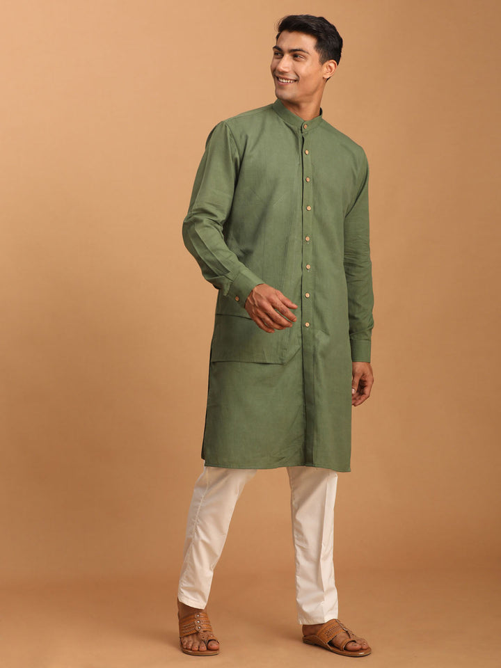 Sarvati Men's Green Cotton Cool Dyable Kurta with white Pant Set