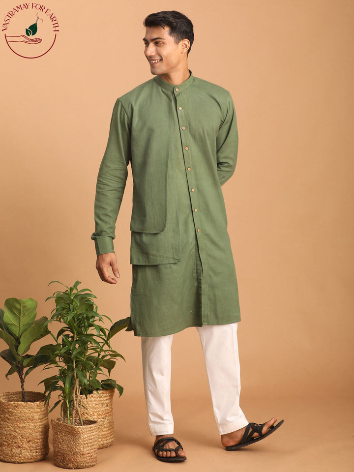 Sarvati Men's Green Cotton Cool Dyable Kurta with Cream Pant Set