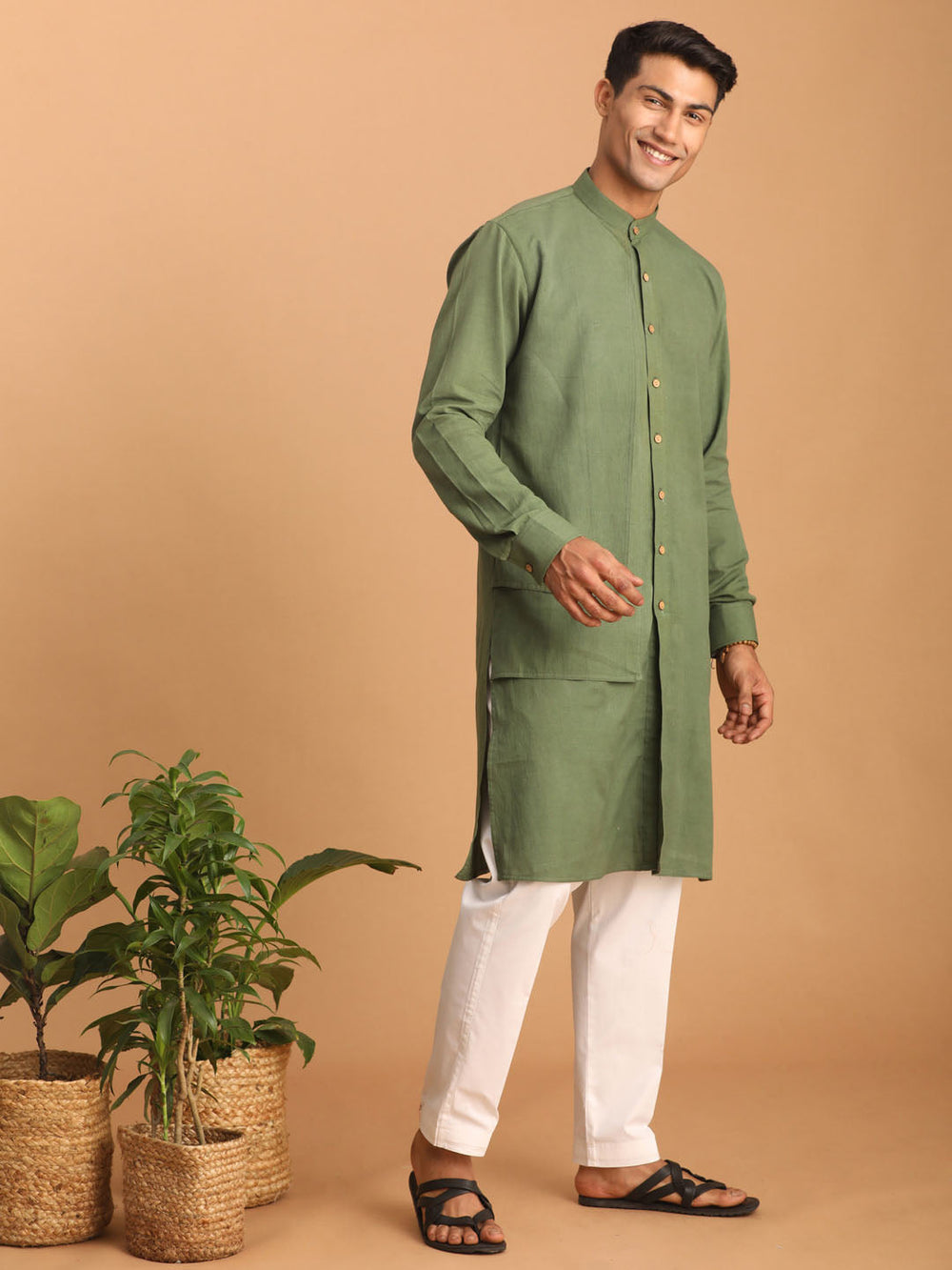 Sarvati Men's Green Cotton Cool Dyable Kurta with white Pant Set