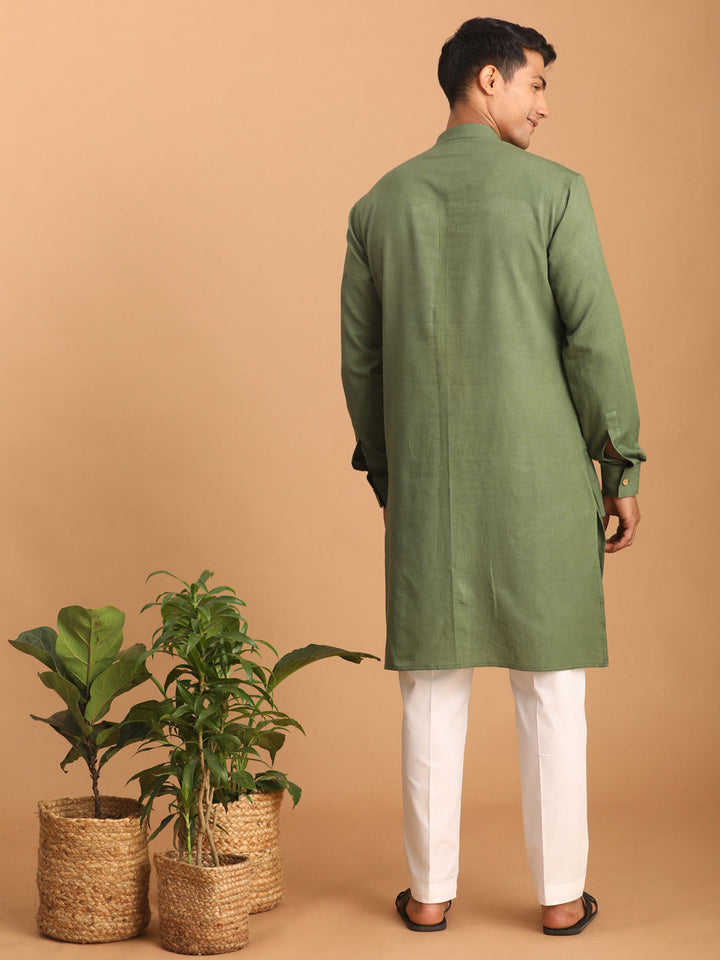 Sarvati Men's Green Cotton Cool Dyable Kurta with white Pant Set