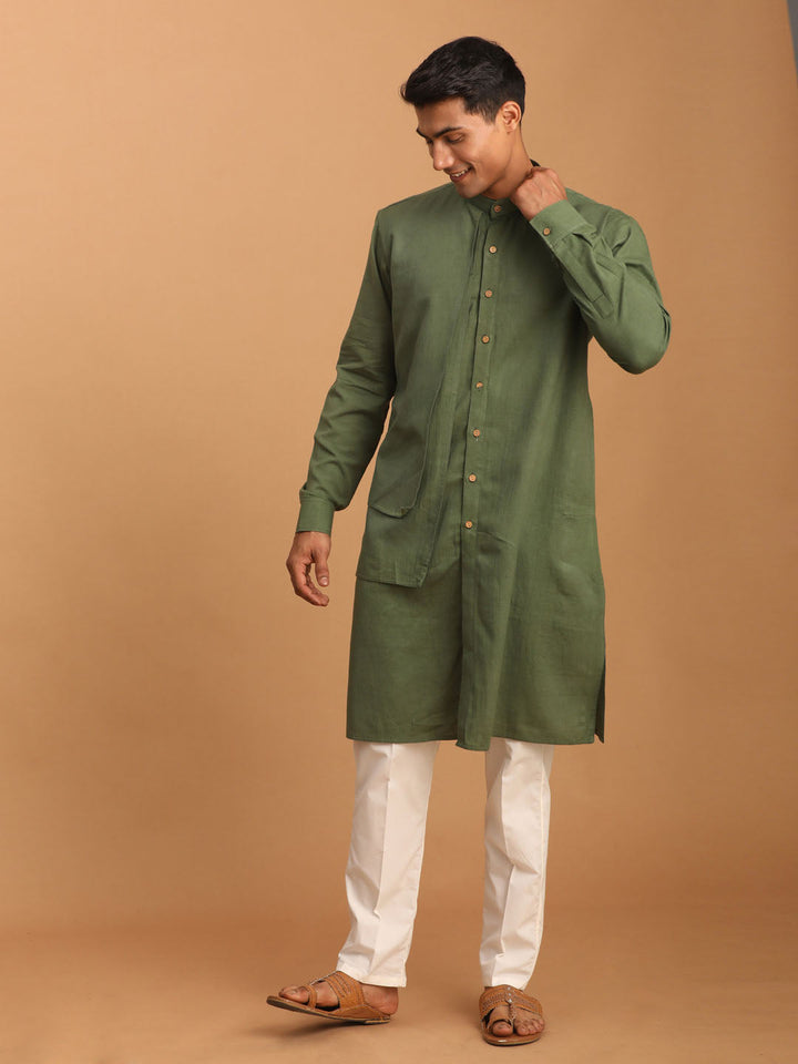 Sarvati Men's Green Cotton Cool Dyable Kurta with Cream Pant Set