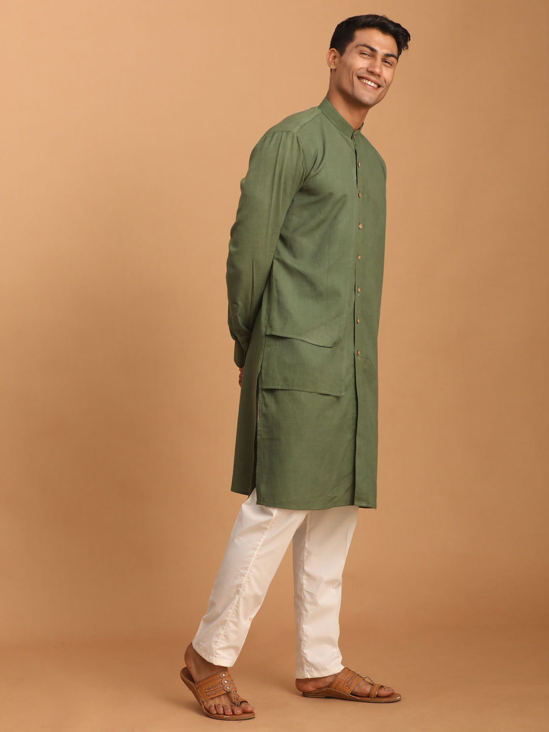 Sarvati Men's Green Cotton Cool Dyable Kurta with Cream Pant Set