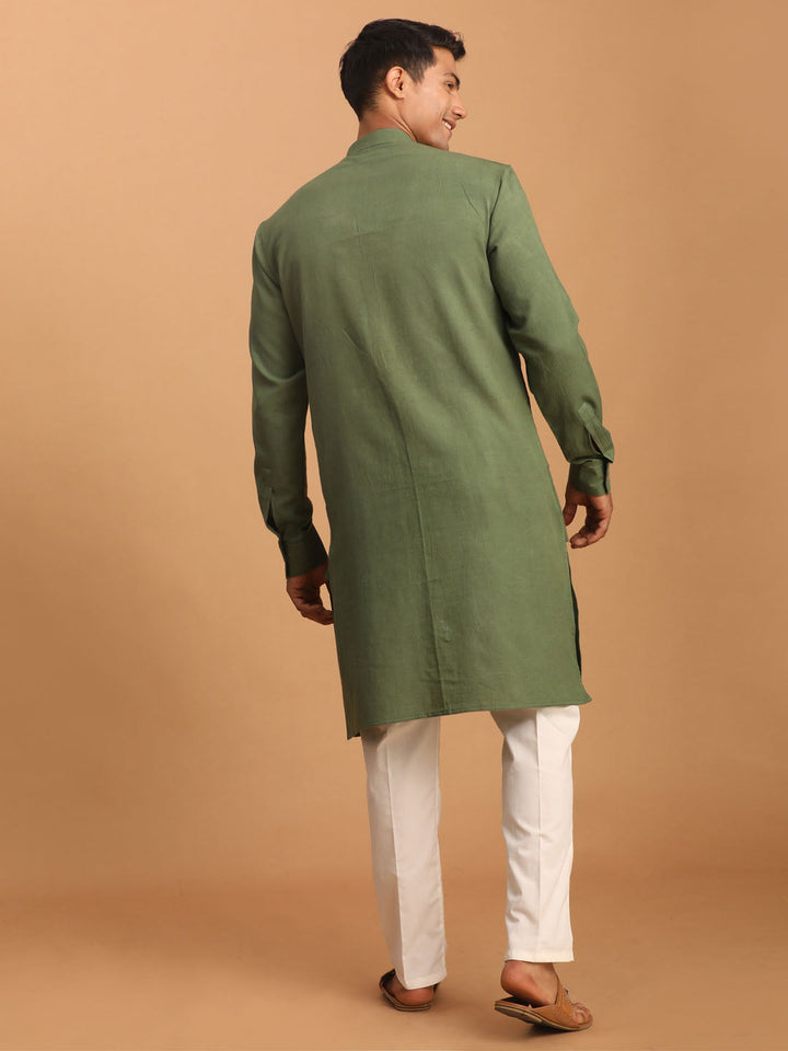 Sarvati Men's Green Cotton Cool Dyable Kurta with Cream Pant Set