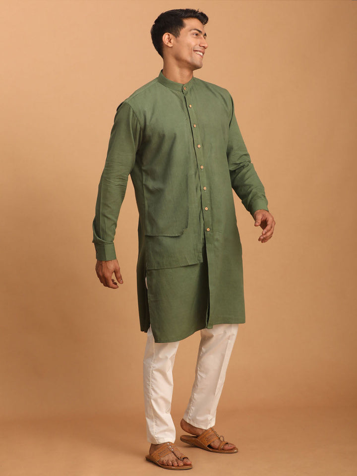 Sarvati Men's Green Cotton Cool Dyable Kurta with Cream Pant Set