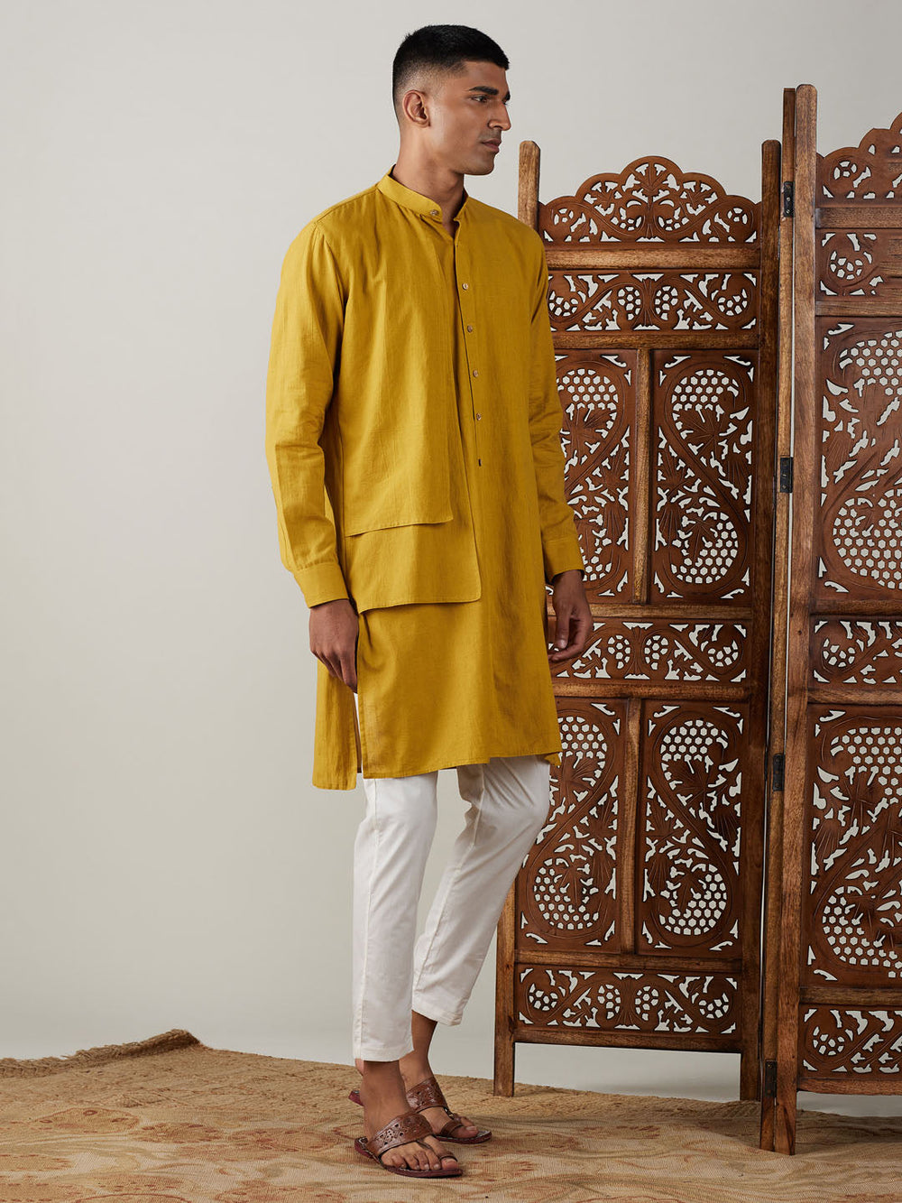 Sarvati Men's Mustard Cotton Cool Dyable Kurta with Cream Pant Set