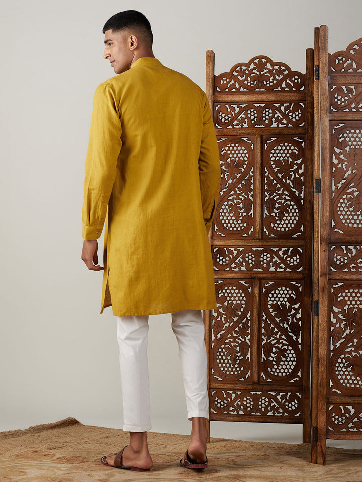 Sarvati Men's Mustard Cotton Cool Dyable Kurta with Cream Pant Set