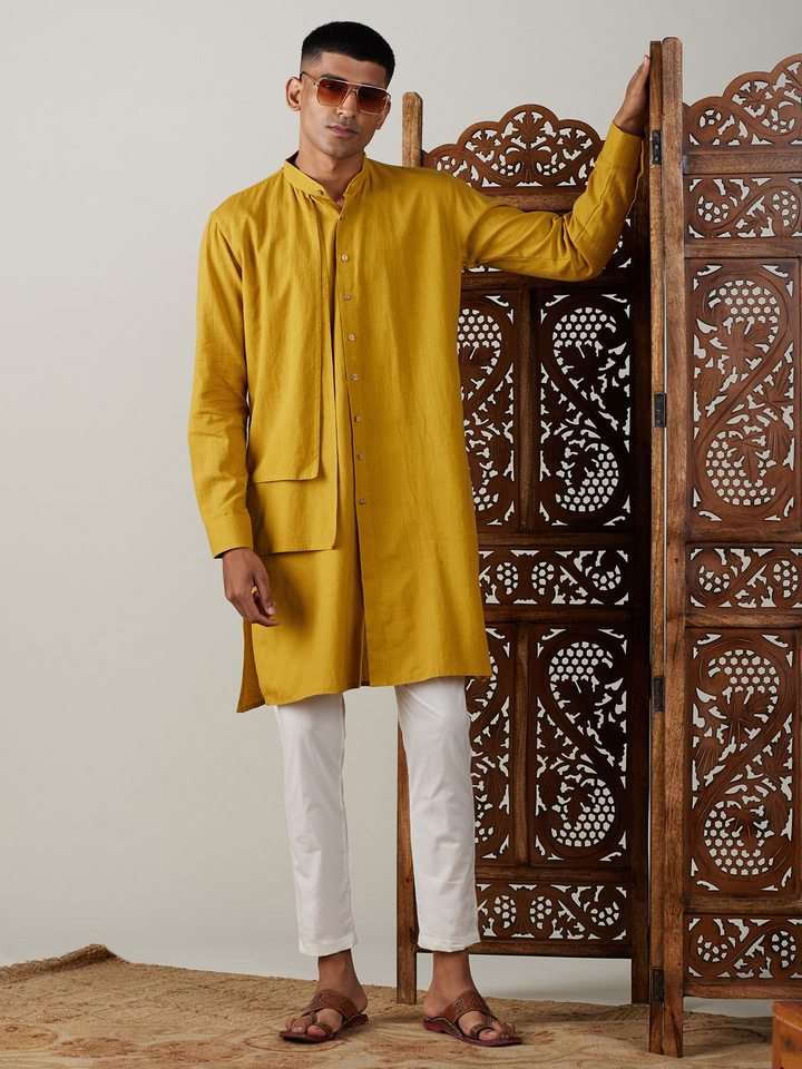 Sarvati Men's Mustard Cotton Cool Dyable Kurta with Cream Pant Set