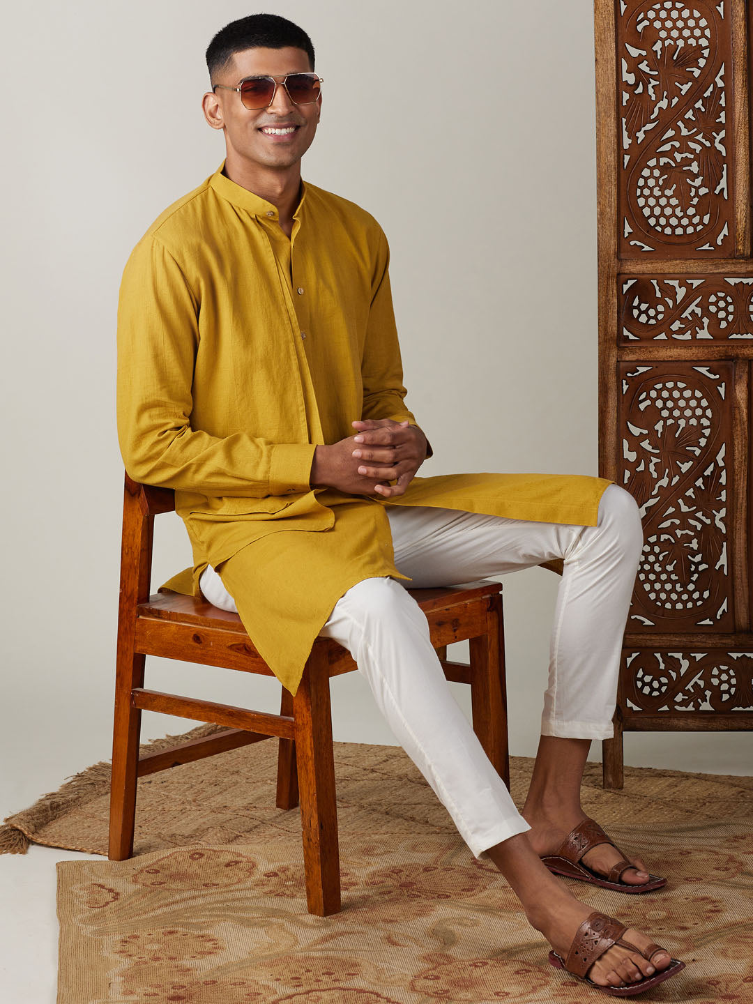 Sarvati Men's Mustard Cotton Cool Dyable Kurta with Cream Pant Set