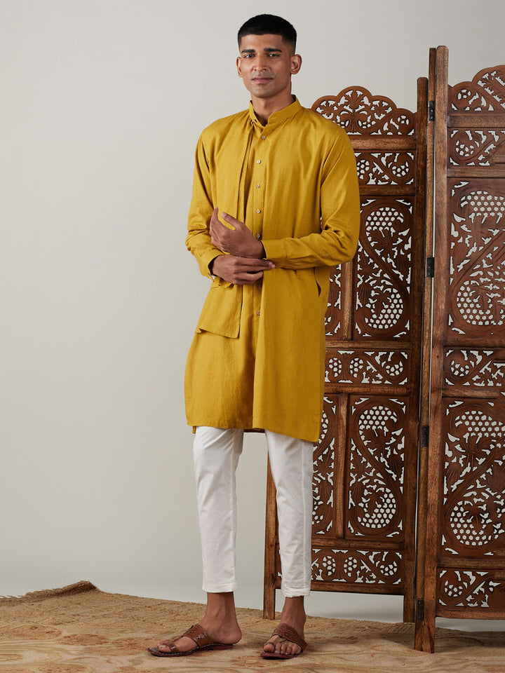 Sarvati Men's Mustard Cotton Cool Dyable Kurta with Cream Pant Set