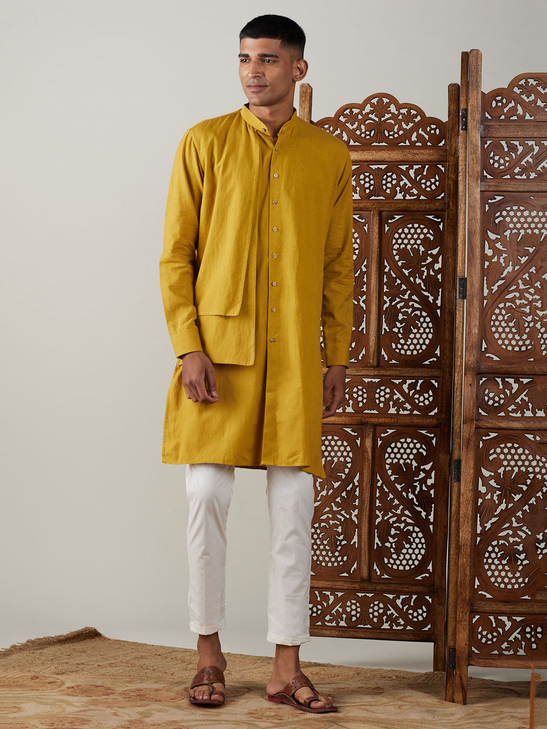 Sarvati Men's Mustard Cotton Cool Dyable Kurta with Cream Pant Set