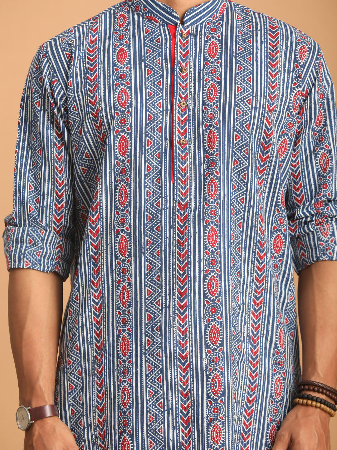 Sarvati Men's Indigo Printed cotton Kurta with White Pant set