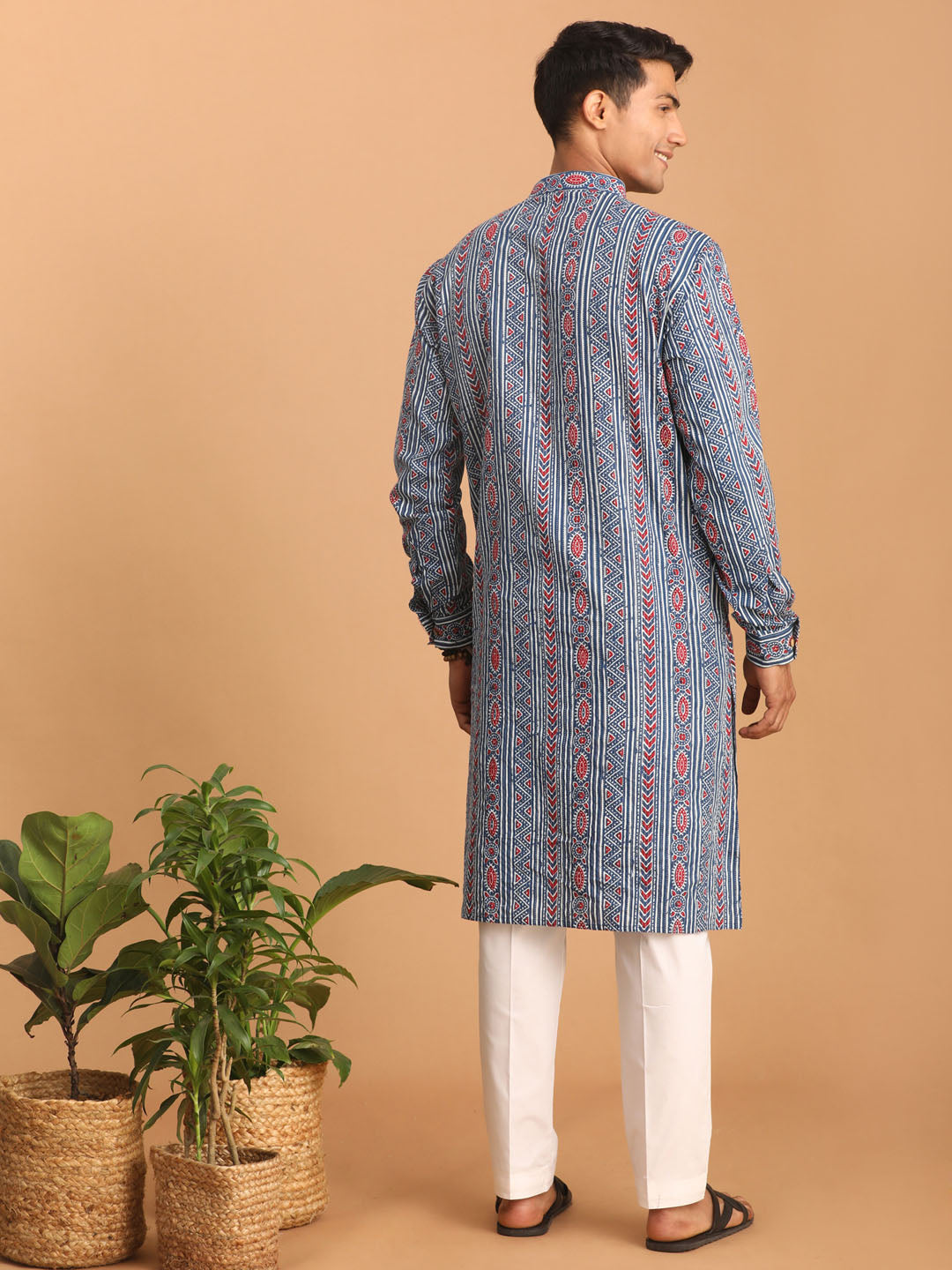 Sarvati Men's Indigo Printed cotton Kurta with White Pant set